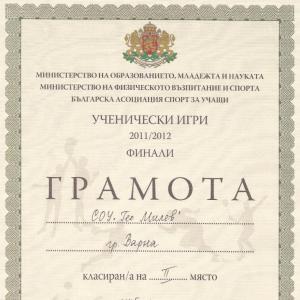 Второ място за баскетболният отбор - момичетата V-VІІ клас на СОУ ”Гео Милев” на финалите на Ученически игри 2011 – 2012 г